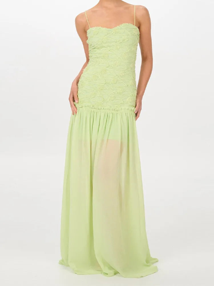 Chic Light Green Strapless Gown Floral Textured Bodice Sheer Chiffon Maxi Skirt 2026 Coquette Beach Vacation Evening Dress New