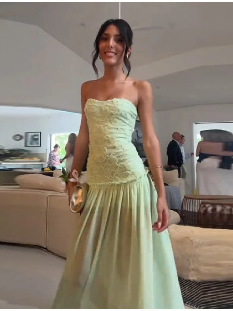 Chic Light Green Strapless Gown Floral Textured Bodice Sheer Chiffon Maxi Skirt 2026 Coquette Beach Vacation Evening Dress New