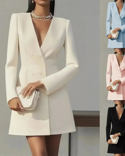 Autumn Double Breasted Solid Color V-Neck Office Suit French Long Sleeved Elegant Slim Fit Blazer Dress for Woman