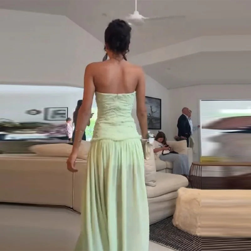 Chic Light Green Strapless Gown Floral Textured Bodice Sheer Chiffon Maxi Skirt 2026 Coquette Beach Vacation Evening Dress New