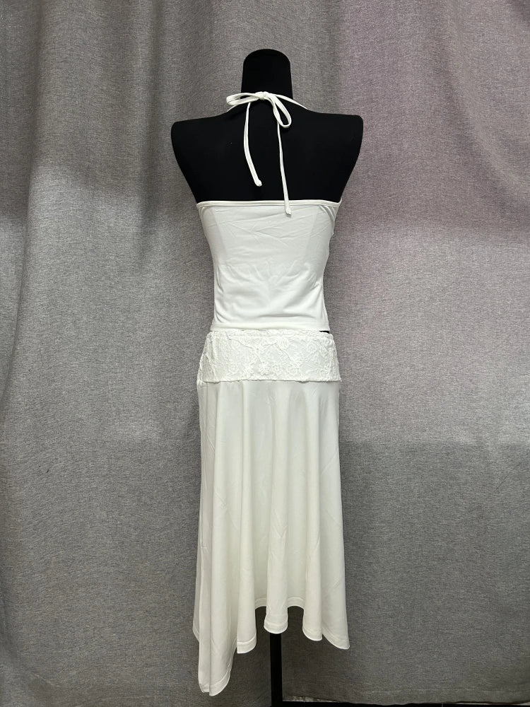 White Lace Patchwork 2 Piece Dress Sets Sexy Halter Short Tanks+A-line Skirts Women Sets Summer New Women Holiday Beach Outfits