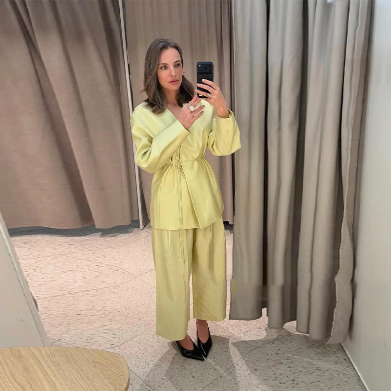 Solid Lace up Coat Long Pants Lady Set V-Neck Long Sleeve Jacket High Waist Straight Trousers Casual Women's New Sets Streetwear