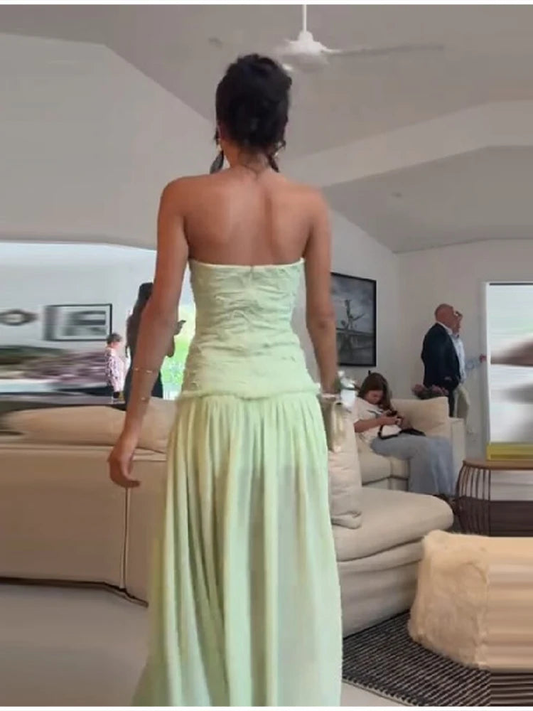 Chic Light Green Strapless Gown Floral Textured Bodice Sheer Chiffon Maxi Skirt 2026 Coquette Beach Vacation Evening Dress New