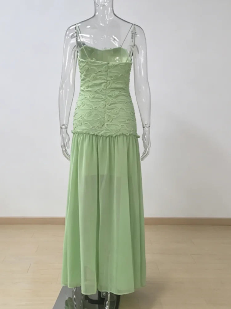 Chic Light Green Strapless Gown Floral Textured Bodice Sheer Chiffon Maxi Skirt 2026 Coquette Beach Vacation Evening Dress New