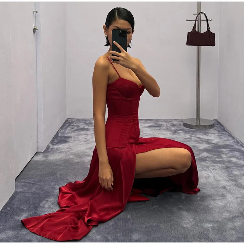 Slit Waist Cinching Evening Dress V Neck Sleeveless Slim Irregular Long Women's Summer Dresses New Elegant Party Robe 2026