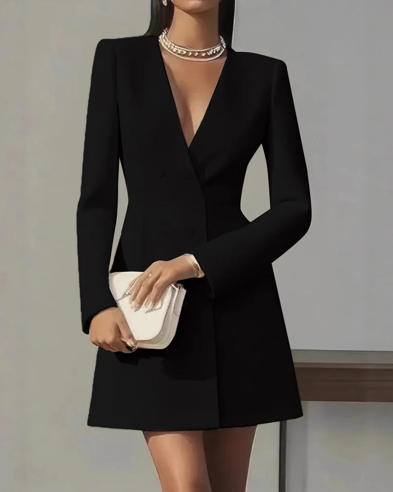 Autumn Double Breasted Solid Color V-Neck Office Suit French Long Sleeved Elegant Slim Fit Blazer Dress for Woman