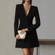 Autumn Double Breasted Solid Color V-Neck Office Suit French Long Sleeved Elegant Slim Fit Blazer Dress for Woman
