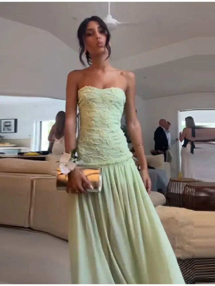 Chic Light Green Strapless Gown Floral Textured Bodice Sheer Chiffon Maxi Skirt 2026 Coquette Beach Vacation Evening Dress New
