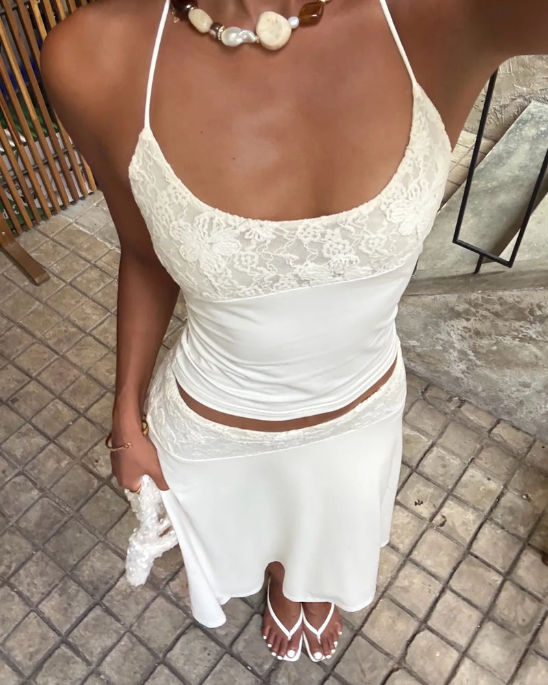 White Lace Patchwork 2 Piece Dress Sets Sexy Halter Short Tanks+A-line Skirts Women Sets Summer New Women Holiday Beach Outfits