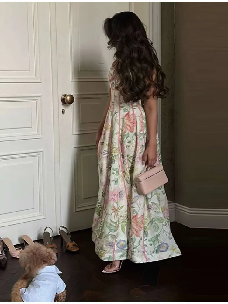 Women's Retro Floral Print Corset Maxi Dress Sexy Sleeveless Halter Neck Flowy Long Dress Lady Summer Vacation Dating Streetwear