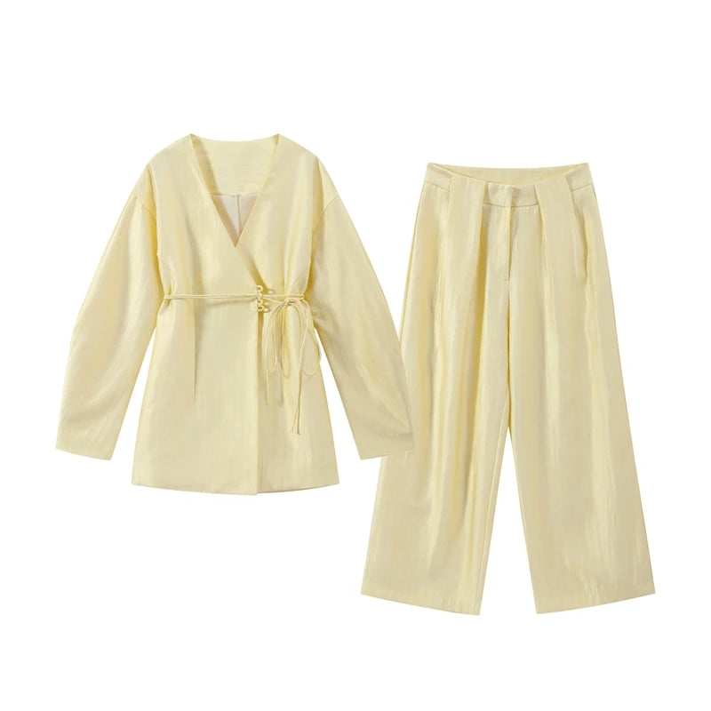 Solid Lace up Coat Long Pants Lady Set V-Neck Long Sleeve Jacket High Waist Straight Trousers Casual Women's New Sets Streetwear