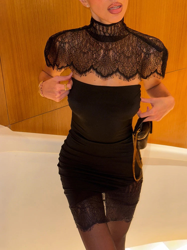Sisterlinda Fashion Sexy Lace Shawl+Dress Women Trend Elegant Short Sleeve Jacquard Patchwork Stretch Evening party Club Bodycon