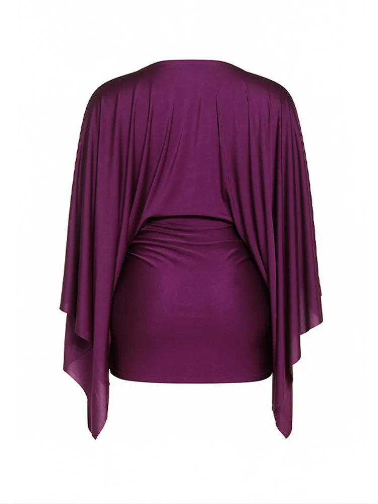 Women Elegant Sexy V-neck Dresses Retro Solid Spliced Flare Sleeve Prom Dress Chic Midnight Club Party Mini Robe New Trendy Gown