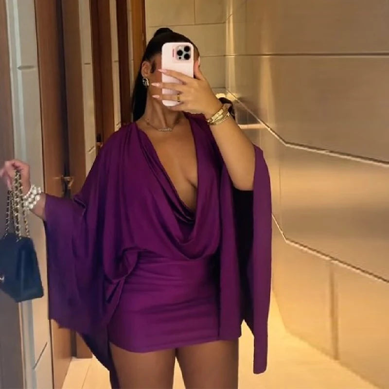 Women Elegant Sexy V-neck Dresses Retro Solid Spliced Flare Sleeve Prom Dress Chic Midnight Club Party Mini Robe New Trendy Gown