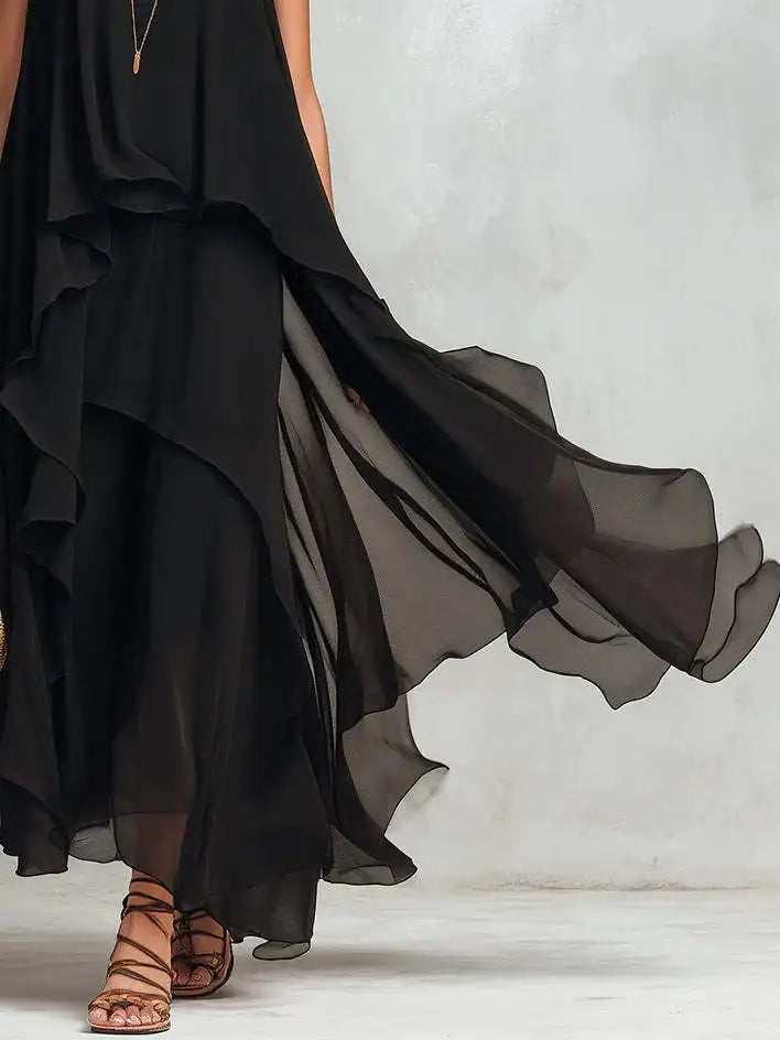 2026 new black sleeveless irregular chiffon long dress with elegant temperament for women