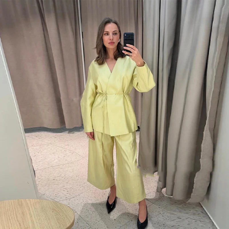 Solid Lace up Coat Long Pants Lady Set V-Neck Long Sleeve Jacket High Waist Straight Trousers Casual Women's New Sets Streetwear