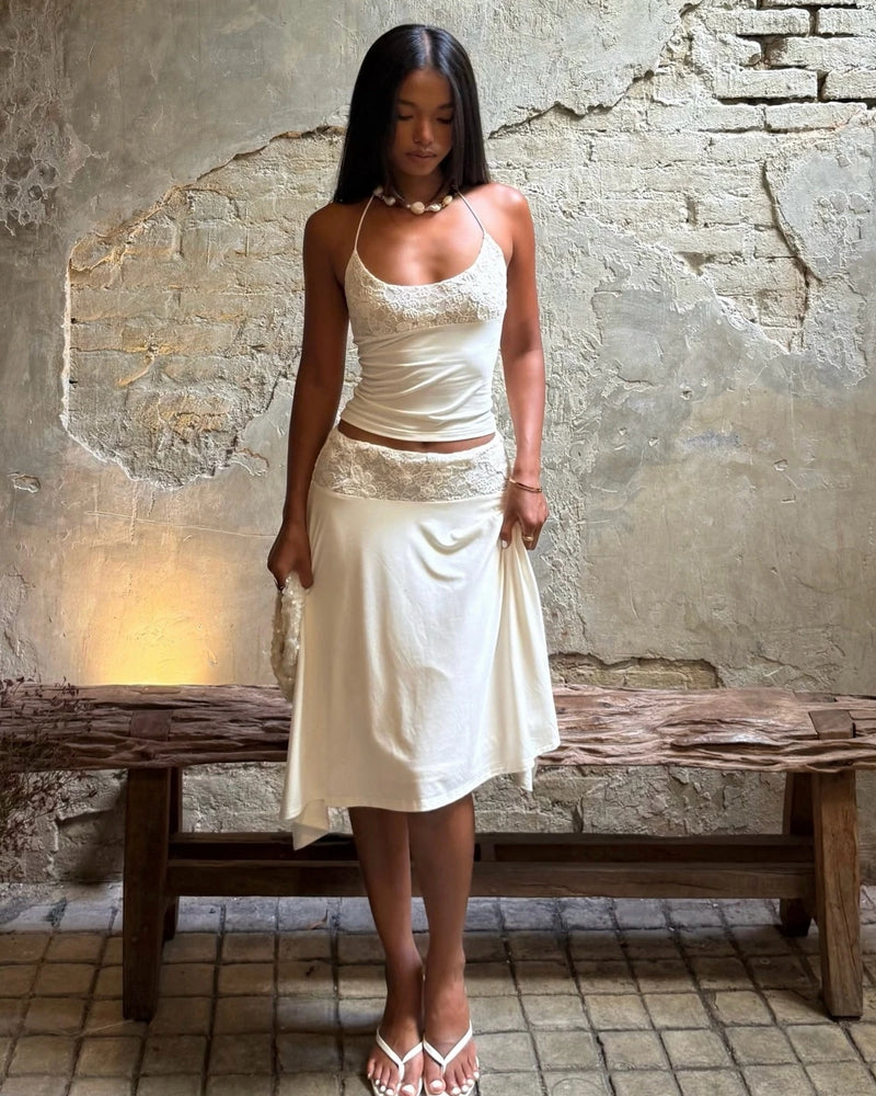White Lace Patchwork 2 Piece Dress Sets Sexy Halter Short Tanks+A-line Skirts Women Sets Summer New Women Holiday Beach Outfits