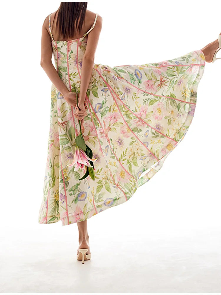 Women's Retro Floral Print Corset Maxi Dress Sexy Sleeveless Halter Neck Flowy Long Dress Lady Summer Vacation Dating Streetwear