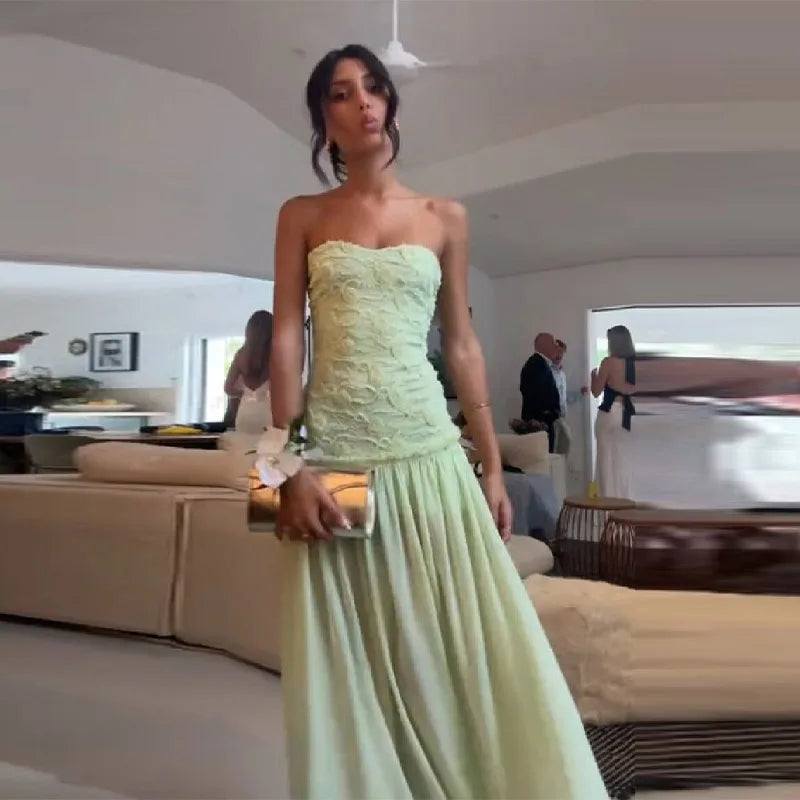 Chic Light Green Strapless Gown Floral Textured Bodice Sheer Chiffon Maxi Skirt 2026 Coquette Beach Vacation Evening Dress New