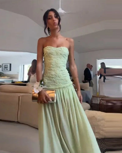 Chic Light Green Strapless Gown Floral Textured Bodice Sheer Chiffon Maxi Skirt 2026 Coquette Beach Vacation Evening Dress New