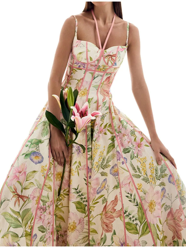 Women's Retro Floral Print Corset Maxi Dress Sexy Sleeveless Halter Neck Flowy Long Dress Lady Summer Vacation Dating Streetwear