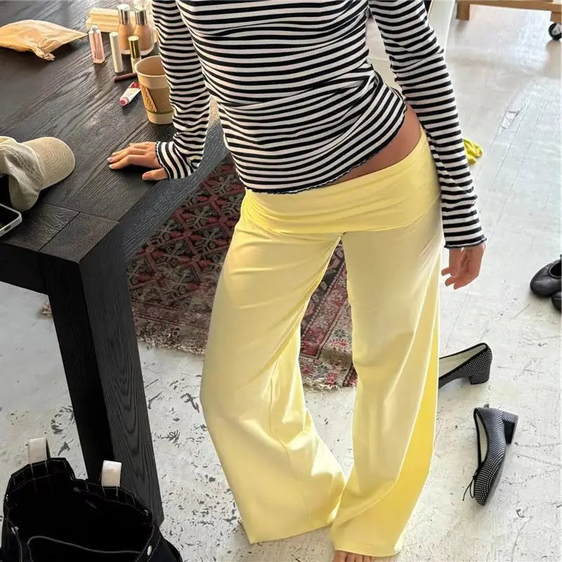 Women Wide Leg Pants Solid Color Fold Over Waist Casual Trousers Spring Fall Loose Sweatpants Bottoms Y2K Streetwear