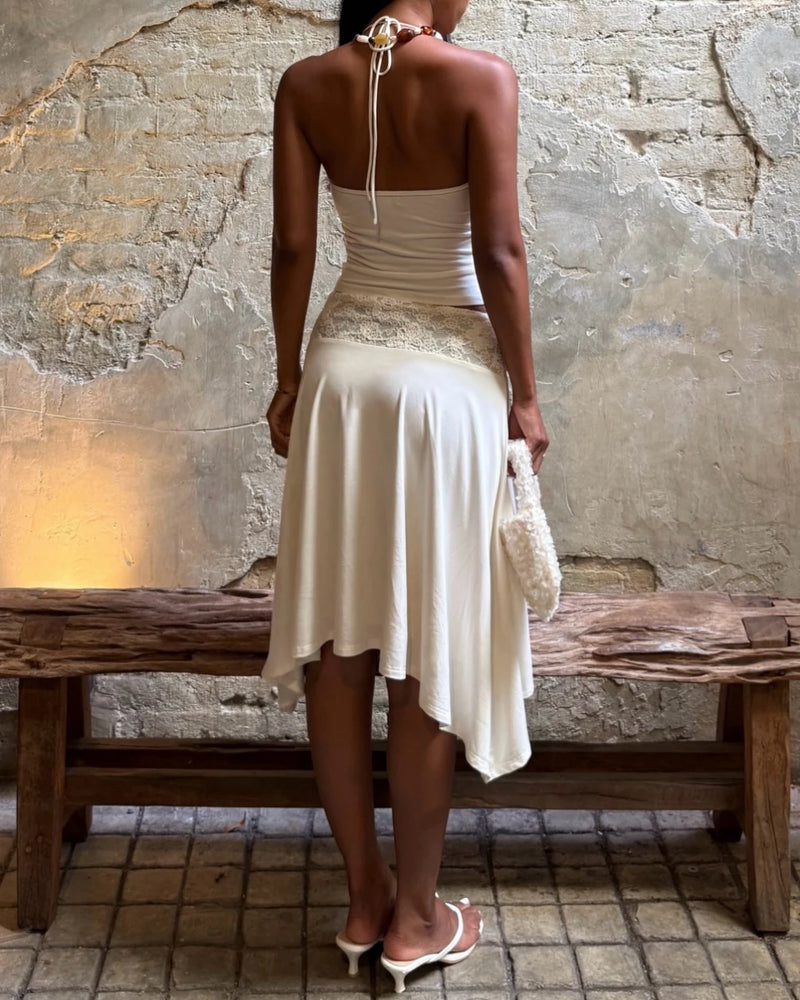 White Lace Patchwork 2 Piece Dress Sets Sexy Halter Short Tanks+A-line Skirts Women Sets Summer New Women Holiday Beach Outfits