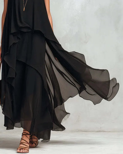 2026 new black sleeveless irregular chiffon long dress with elegant temperament for women