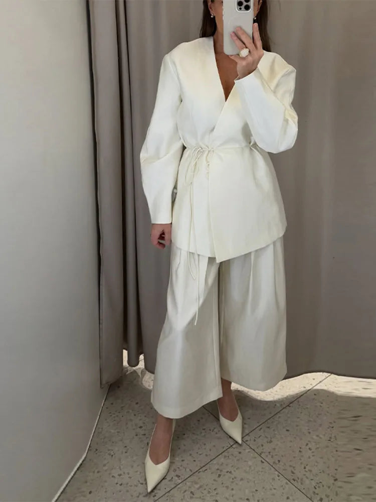 Solid Lace up Coat Long Pants Lady Set V-Neck Long Sleeve Jacket High Waist Straight Trousers Casual Women's New Sets Streetwear