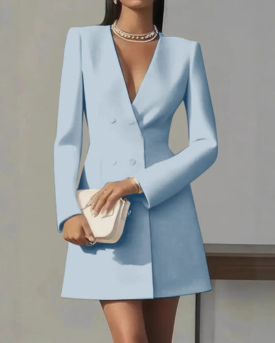 Autumn Double Breasted Solid Color V-Neck Office Suit French Long Sleeved Elegant Slim Fit Blazer Dress for Woman