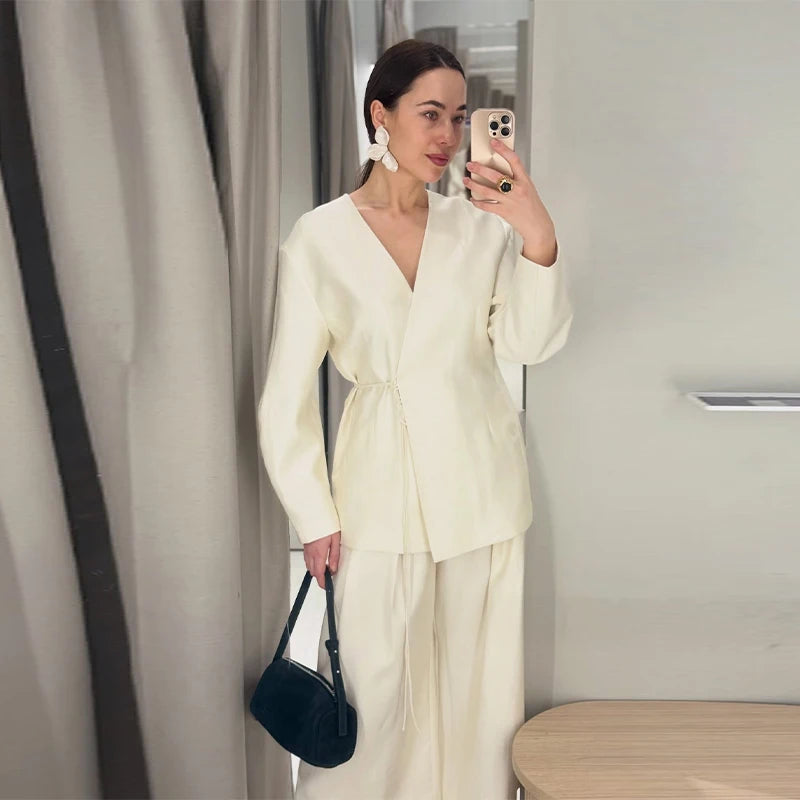 Solid Lace up Coat Long Pants Lady Set V-Neck Long Sleeve Jacket High Waist Straight Trousers Casual Women's New Sets Streetwear