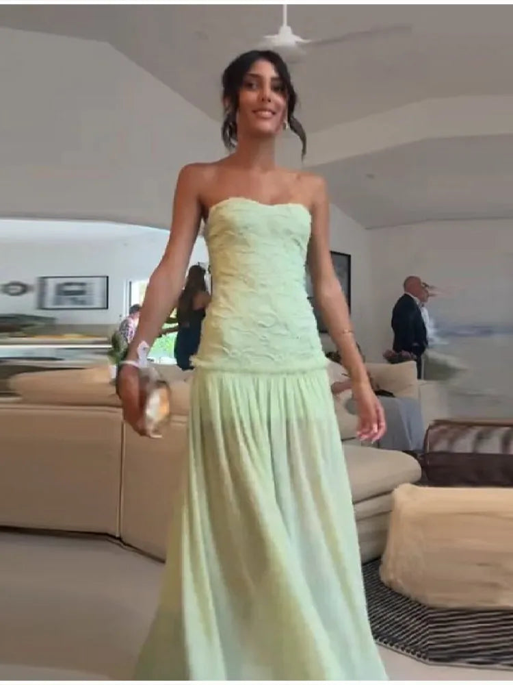Chic Light Green Strapless Gown Floral Textured Bodice Sheer Chiffon Maxi Skirt 2026 Coquette Beach Vacation Evening Dress New