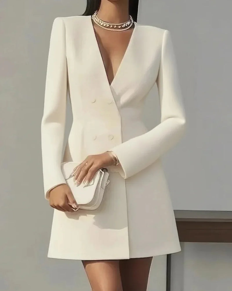 Autumn Double Breasted Solid Color V-Neck Office Suit French Long Sleeved Elegant Slim Fit Blazer Dress for Woman