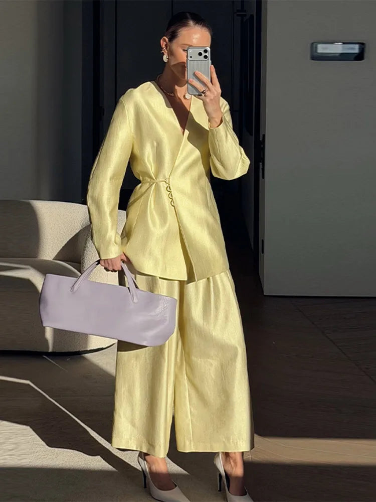 Solid Lace up Coat Long Pants Lady Set V-Neck Long Sleeve Jacket High Waist Straight Trousers Casual Women's New Sets Streetwear