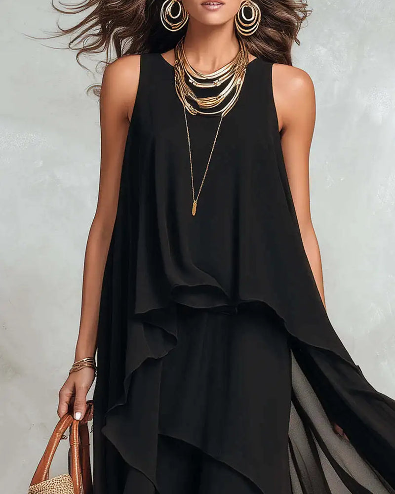 2026 new black sleeveless irregular chiffon long dress with elegant temperament for women