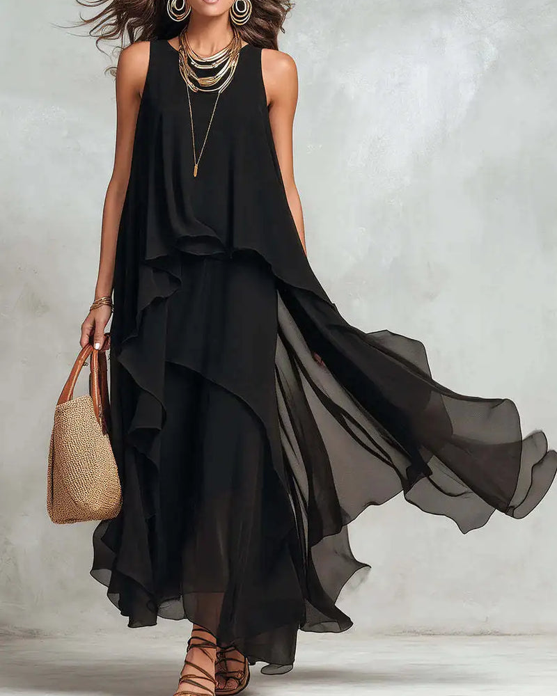 2026 new black sleeveless irregular chiffon long dress with elegant temperament for women