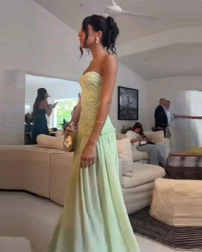 Chic Light Green Strapless Gown Floral Textured Bodice Sheer Chiffon Maxi Skirt 2026 Coquette Beach Vacation Evening Dress New