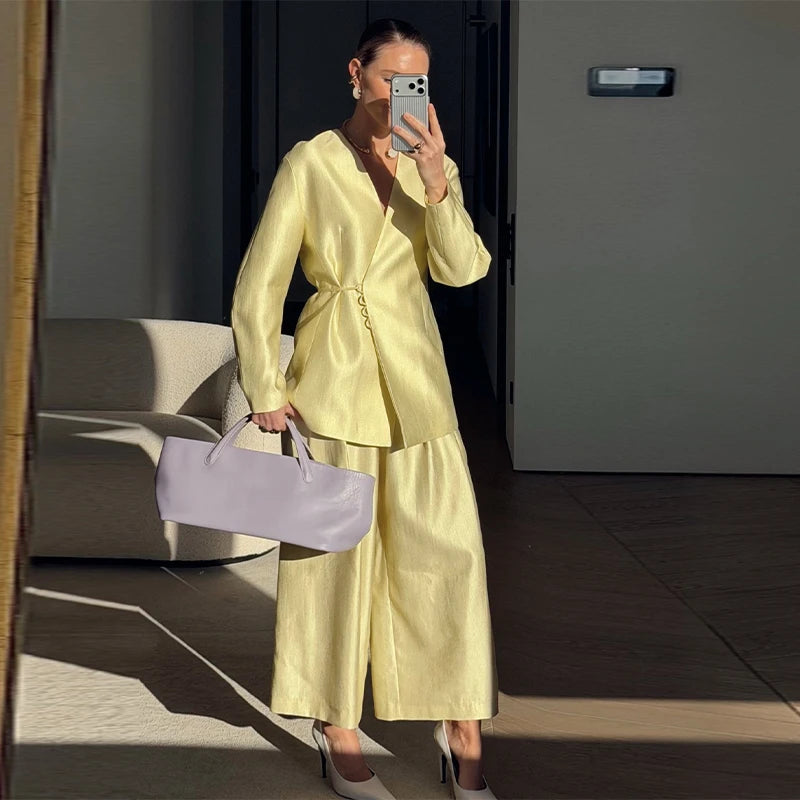 Solid Lace up Coat Long Pants Lady Set V-Neck Long Sleeve Jacket High Waist Straight Trousers Casual Women's New Sets Streetwear