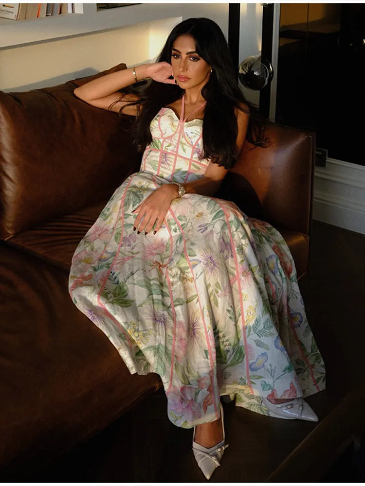 Women's Retro Floral Print Corset Maxi Dress Sexy Sleeveless Halter Neck Flowy Long Dress Lady Summer Vacation Dating Streetwear