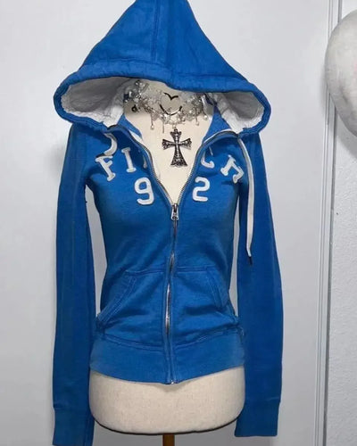 2025 new blue sweatshirt for women fall and winter gothic American retro casual bulk streetwear Y2K design Slim cardigan jacket