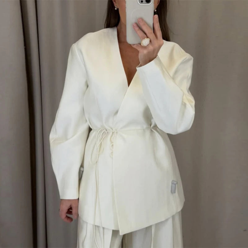 Solid Lace up Coat Long Pants Lady Set V-Neck Long Sleeve Jacket High Waist Straight Trousers Casual Women's New Sets Streetwear