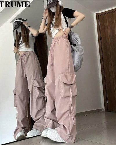 Retro Vintage High Street Baggy Pants Fashion Women Oversized Drawstring Pocket New Pant Casual Streetwear Loose Jogger Trousers
