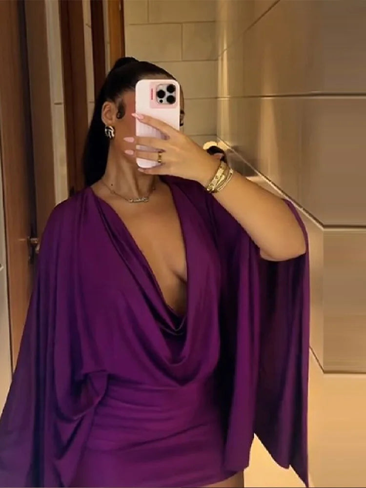 Women Elegant Sexy V-neck Dresses Retro Solid Spliced Flare Sleeve Prom Dress Chic Midnight Club Party Mini Robe New Trendy Gown