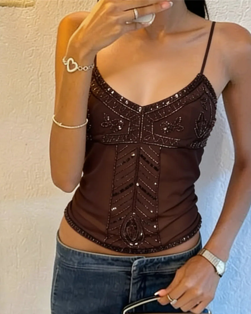 Women Y2K Sequin Beaded Mesh Cami Top Spaghetti Strap V Neck Fitted Sheer Camisole Summer Vacation Going Out Streetwear