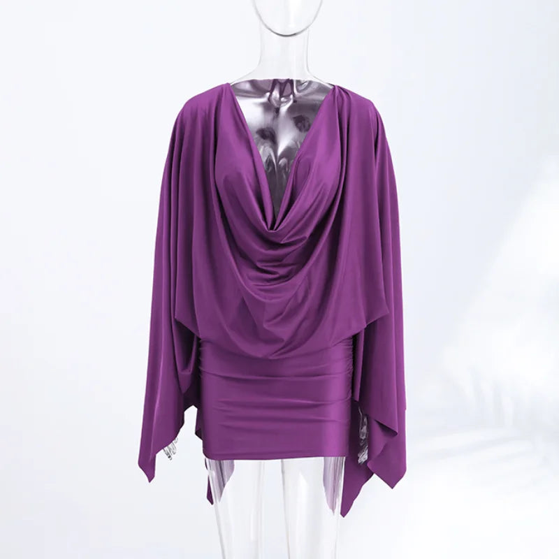 Women Elegant Sexy V-neck Dresses Retro Solid Spliced Flare Sleeve Prom Dress Chic Midnight Club Party Mini Robe New Trendy Gown
