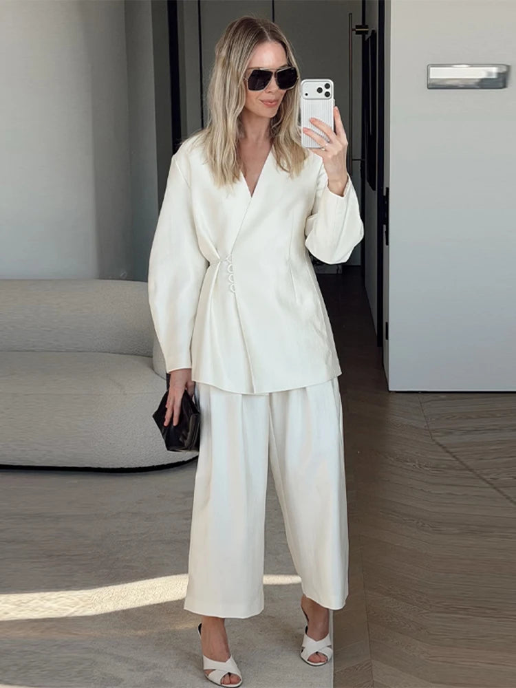 Solid Lace up Coat Long Pants Lady Set V-Neck Long Sleeve Jacket High Waist Straight Trousers Casual Women's New Sets Streetwear