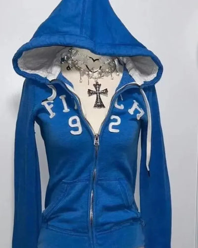 2025 new blue sweatshirt for women fall and winter gothic American retro casual bulk streetwear Y2K design Slim cardigan jacket