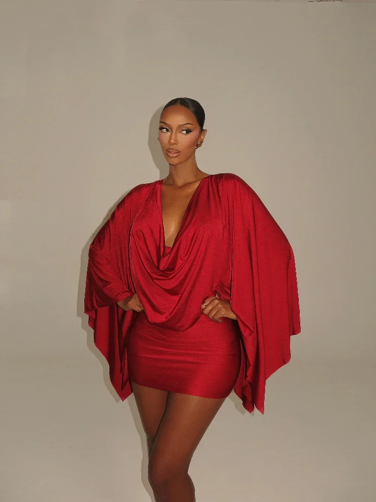 Women Elegant Sexy V-neck Dresses Retro Solid Spliced Flare Sleeve Prom Dress Chic Midnight Club Party Mini Robe New Trendy Gown