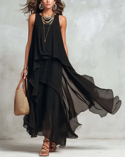 2026 new black sleeveless irregular chiffon long dress with elegant temperament for women