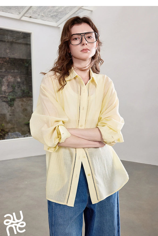 TOYOUTH Women Shirt 2026 Spring New Lyocell Acetate Vacation Commuter Shirt